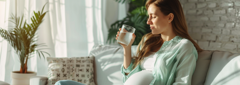 Jak dbać o  siebie w ciąży? Kobieta w ciąży o brązowych włosach w miętowej koszuli siedzi na kanapie w salonie i pije wodę.