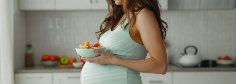 Kobieta o długich brązowych włosach, w topie w biało-błękitne paski, dbająca o dietę w zaawansowanej ciąży, stoi w kuchni z miską owsianki z owocami.