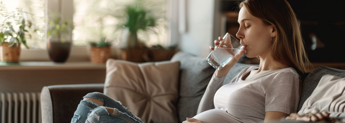 kobieta w ciąży siedzi na kanapie i pije szklankę wody